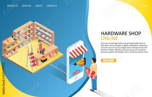 Hardware online shop landing page website vector template