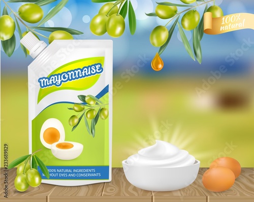 Natural olive mayonese ad vector realistic illustration