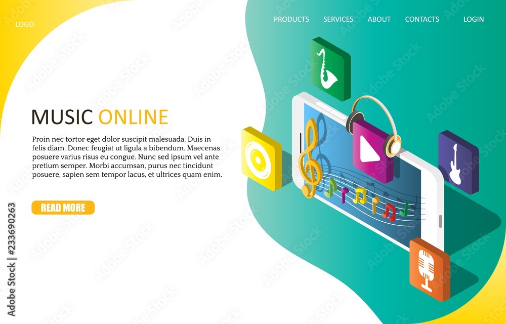 Fotografie Music online landing page website vector template