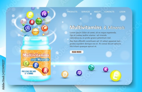 Multivitamins and minerals landing page website vector template