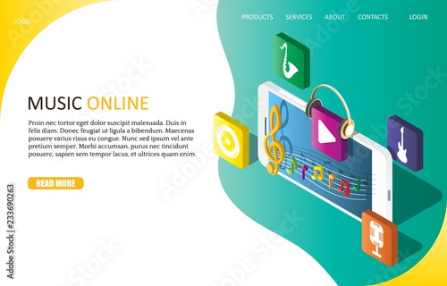 Music online landing page website vector template