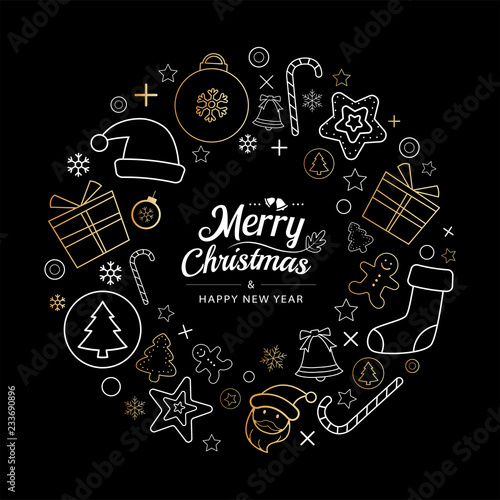 Christmas icons wreath circle in dark background. Use for element, greeting card, poster.