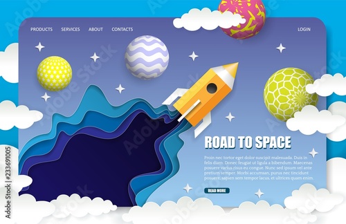 Vector paper cut space trip landing page website template