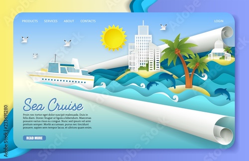 Vector paper cut sea cruise landing page website template