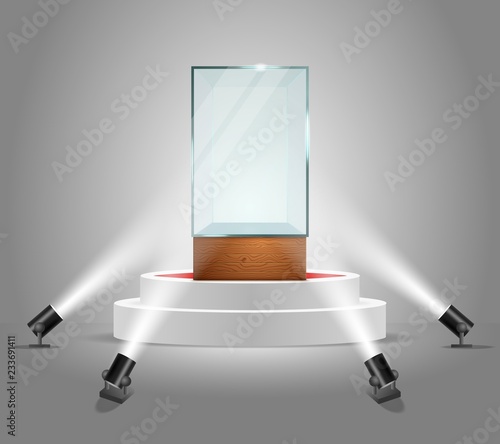 Vector illuminated podium with empty glass showcase