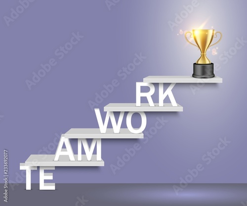 Teamwork word ladder with trophy cup vector realistic illustration