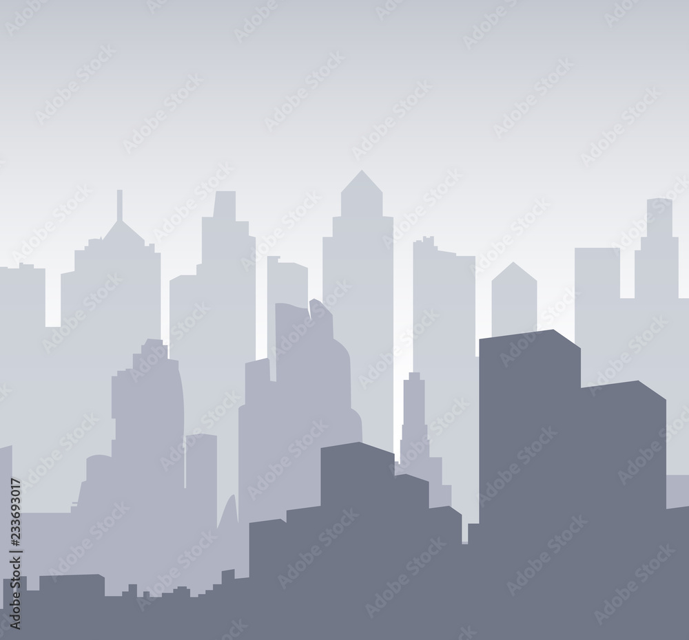 Multilayer Silhouette of a night city. Background for banner big city or design template. The center of the town - Vector illustration.