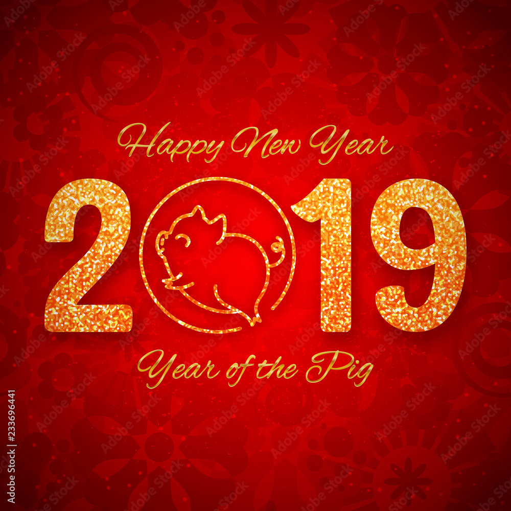 New year of the pig 2019 gold glitter design on red background, chinese horoscope symbol, vector illustration New year of the pig 2019 gold glitter design on red background, chinese horoscope symbol, vector illustration