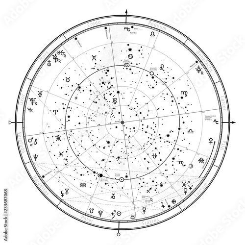 Astrological Celestial map of Northern Hemisphere. Horoscope on January 1, 2019 (00:00 GMT). Detailed outline chart with symbols and signs of Zodiac, planets, asteroids & etc.