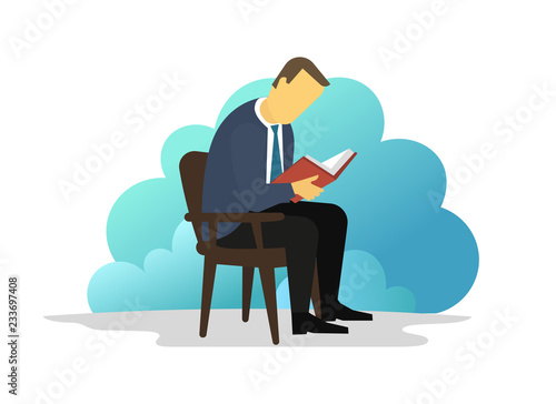 Man reading book sitting on chair. eBook reader. Electronic book Library information.