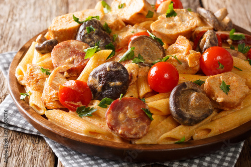 Italian food penne pasta with chicken, wild mushrooms, smoked sausage with creamy cheese sauce close-up. horizontal