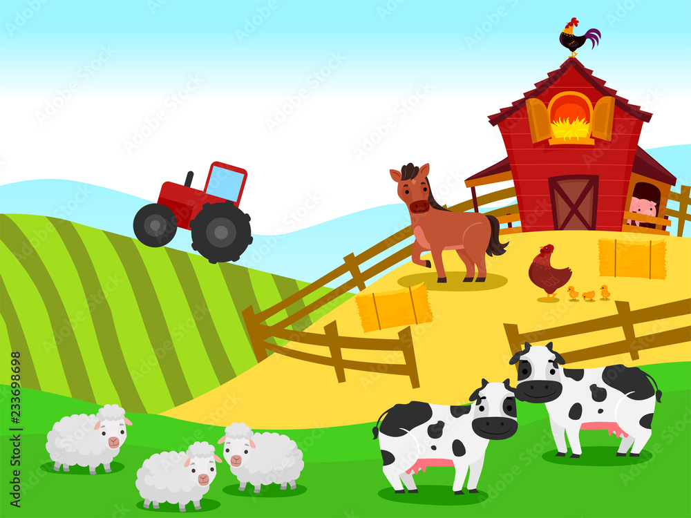 Obraz premium Vector Illustration of Farm with Barn and Animals Background