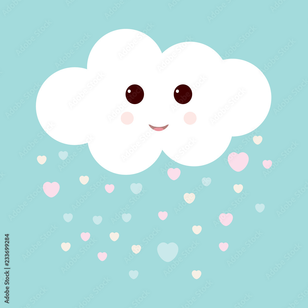 Nursery art with happy smiling cloud and hearts rain. Cute Valentines illustration.