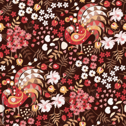 Fotografi Fantasy birds with paisley-shaped wings and tails in the form of bouquets of flowers