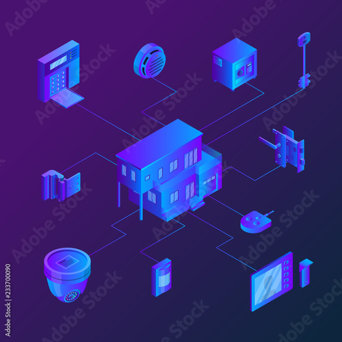 House with connected home security systems. Vector isometric illustration. Smart technologies, safety house concept.