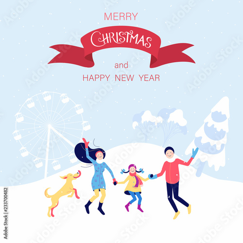 Merry Christmas and Happy New Year card with people in amusement park.