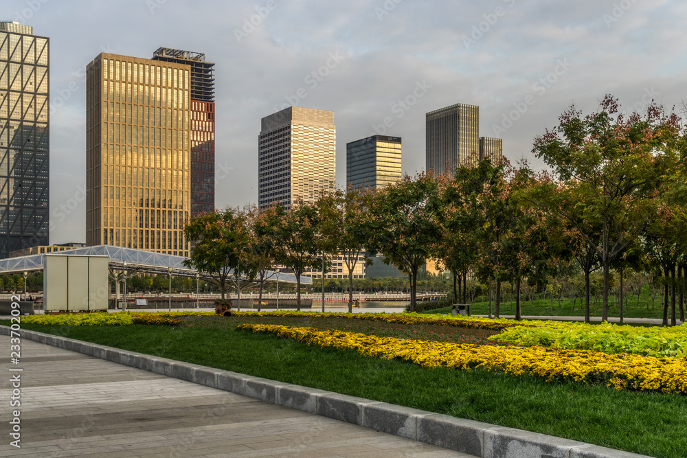 cityscape and skyline of Tianjin from meadow in park cityscape and skyline of Tianjin from meadow in park