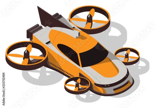 Isometric flying taxi. Futuristic concept car isolated.