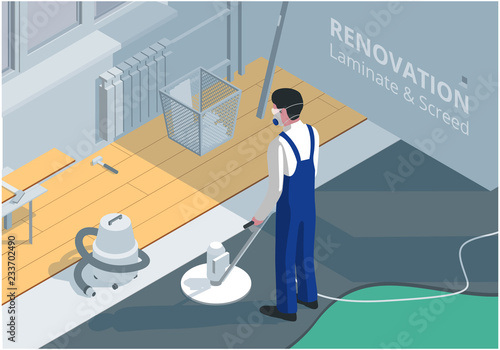 Isometric illustration on the theme of room renovation. Laying of laminate and screed.