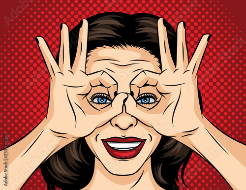 Vector pop art comic style illustration of a young woman face. A girl in search of something. The girl crossed her fingers and looks like through binoculars. Face of a brunette with red lipstick