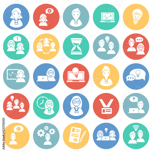 Coworking set on color circles background icons