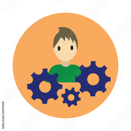Coworker thinking gears flat on white background icon