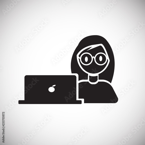 Woman working behind computer on white background icon