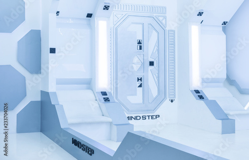 Light white blue futuristic space sterile interior