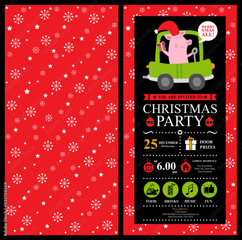 Christmas invitation card template with cute pig