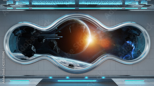 Fototapeta Naklejka Na Ścianę i Meble -  White tech spaceship round window interior background 3D rendering