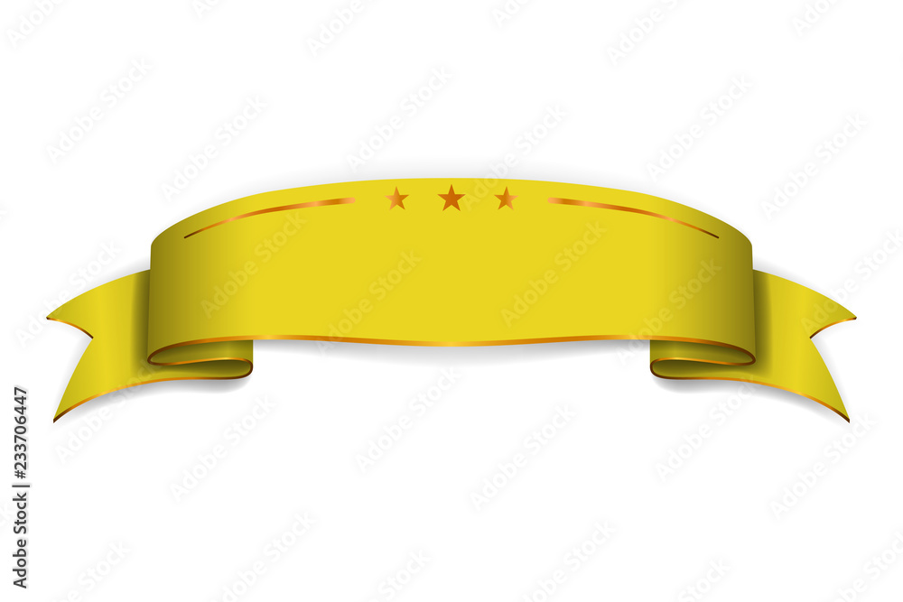 Gold satin empty ribbon. Golden blank banner. Design decoration ribbon element isolated on white background. Vintage retro banner style. Template guarantee product. Vector illustration Gold satin empty ribbon. Golden blank banner. Design decoration ribbon element isolated on white background. Vintage retro banner style. Template guarantee product. Vector illustration
