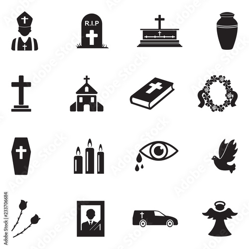 Funeral Icons. Black Flat Design. Vector Illustration. 
