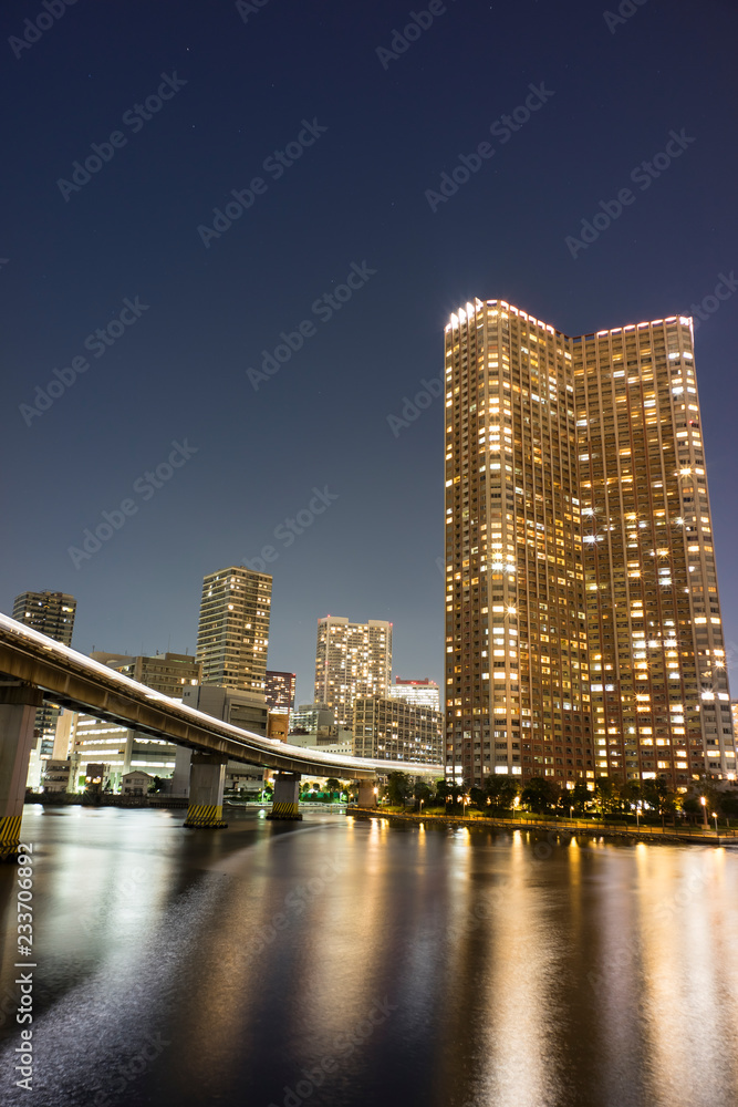 Naklejka premium naight view along the canal shinagawa tokyo 