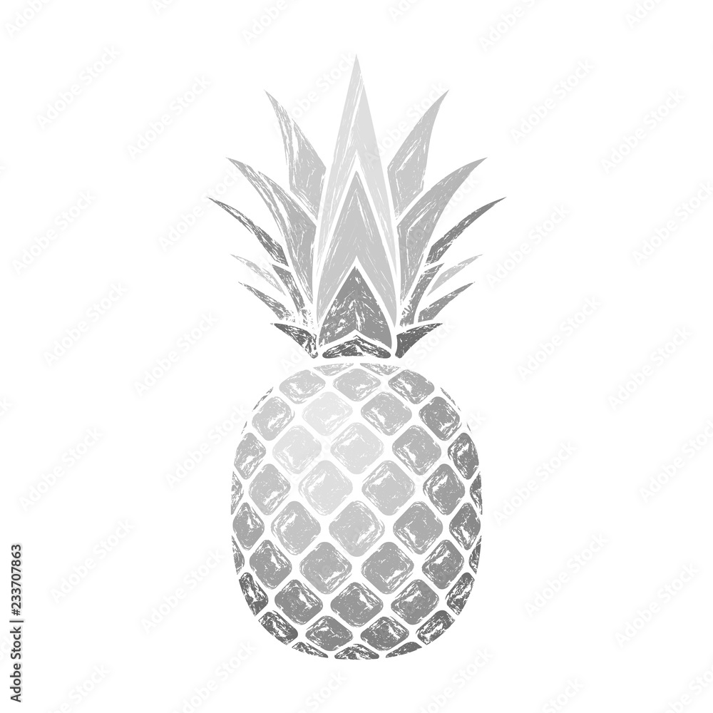 Obraz premium Pineapple grunge with leaf. Tropical exotic fruit isolated white background. Symbol of organic food, summer, vitamin, healthy. Nature logo. Design element silhouette icon. Vector illustration