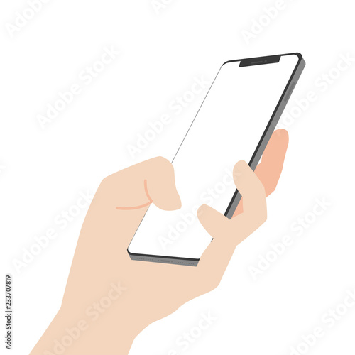 Hand hold new powerful Smart Phone new design advance technology with high resolution display, finger hand catch, business device concept, isolated on white background flat vector.