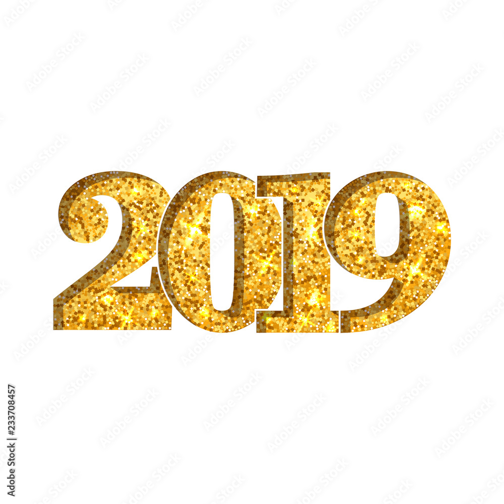Happy New Year shiny gold number 2019. Golden glitter digits isolated on white background. Shiny glowing design, light sparkle for Christmas celebration, greeting card, poster. Vector illustration Happy New Year shiny gold number 2019. Golden glitter digits isolated on white background. Shiny glowing design, light sparkle for Christmas celebration, greeting card, poster. Vector illustration