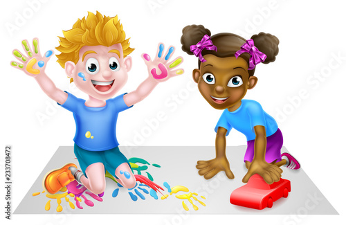 Cartoon boy and girl playing. Girl has a car boy has paints