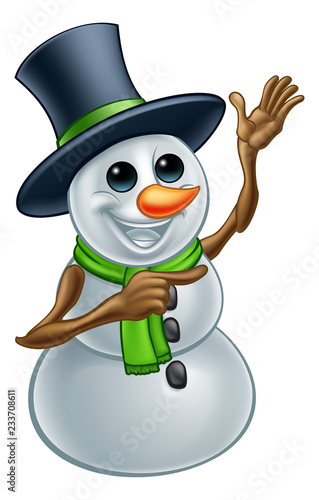 A Christmas Snowman cartoon character in a Top Hat Ponting his finger 