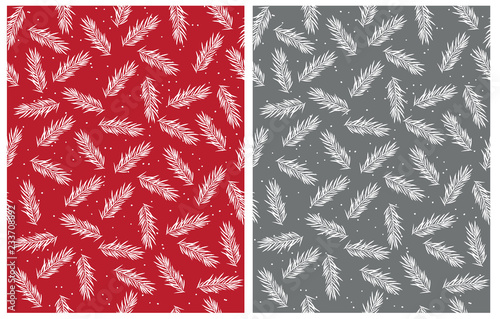 Abstract Christmas Tree Twigs Seamless Vector Patterns. Red and Gray Background. Simple Lovely Repeatable Design. White Twigs with Dots.