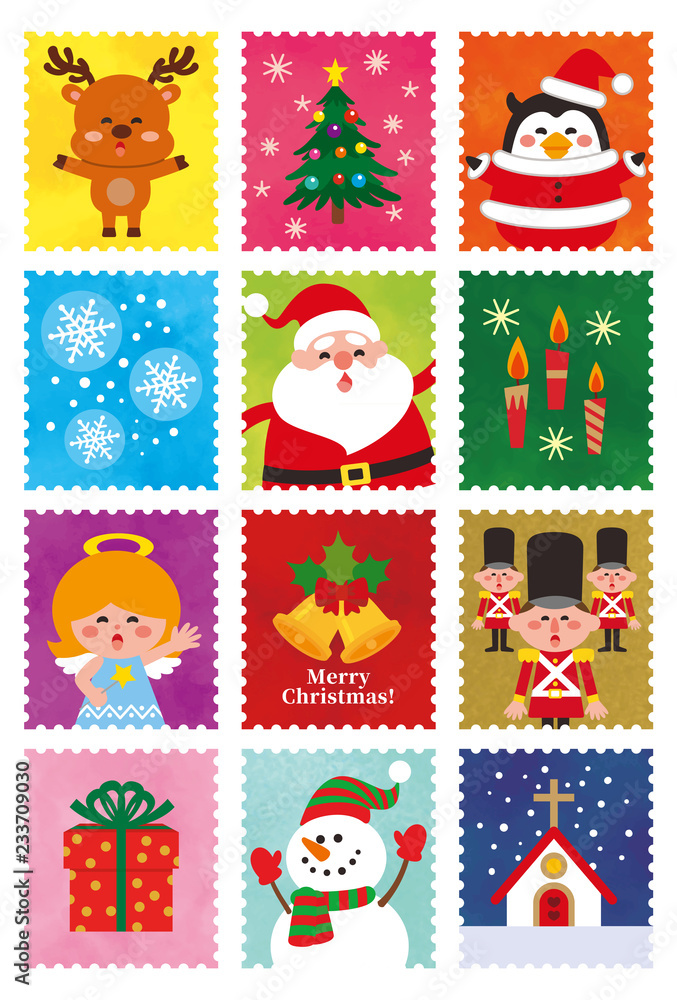 かわいいクリスマスの切手セット ベクターイラスト素材 Stock Vector Adobe Stock