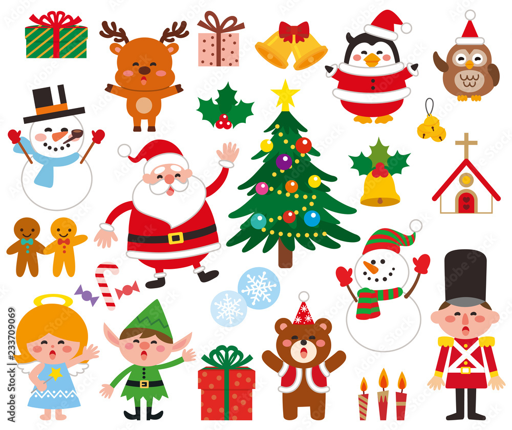 かわいいクリスマスキャラクターデザインセット ベクターイラスト素材 Vector De Stock Adobe Stock