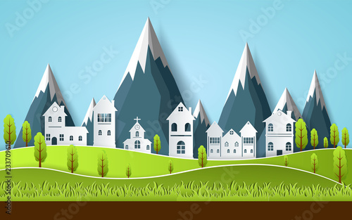beautiful design with views of the country house.art paper Vector