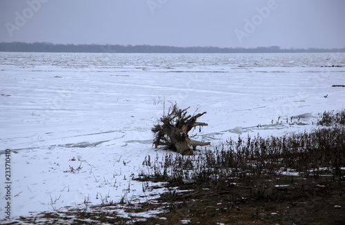 Blurred winter landscape. Fog on the Volga River, Astrakhan Region, Russia. Defocused.