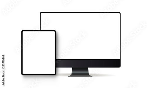 Computer monitor and tablet with blank screens isolated on white background. Modern electronic devices mockups for showcase your website designs. Vector illustration