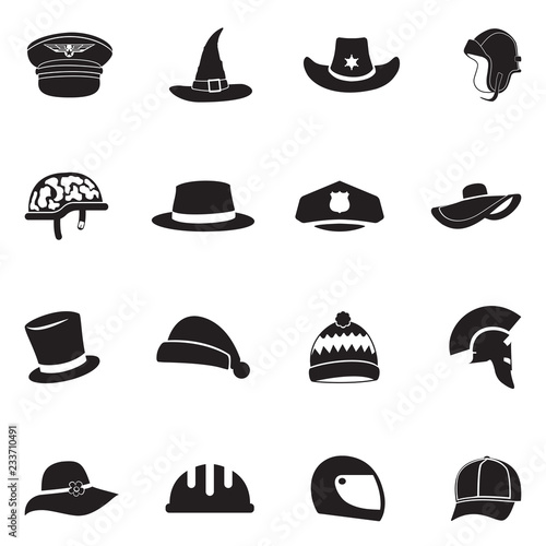 Hats Icons. Black Flat Design. Vector Illustration.