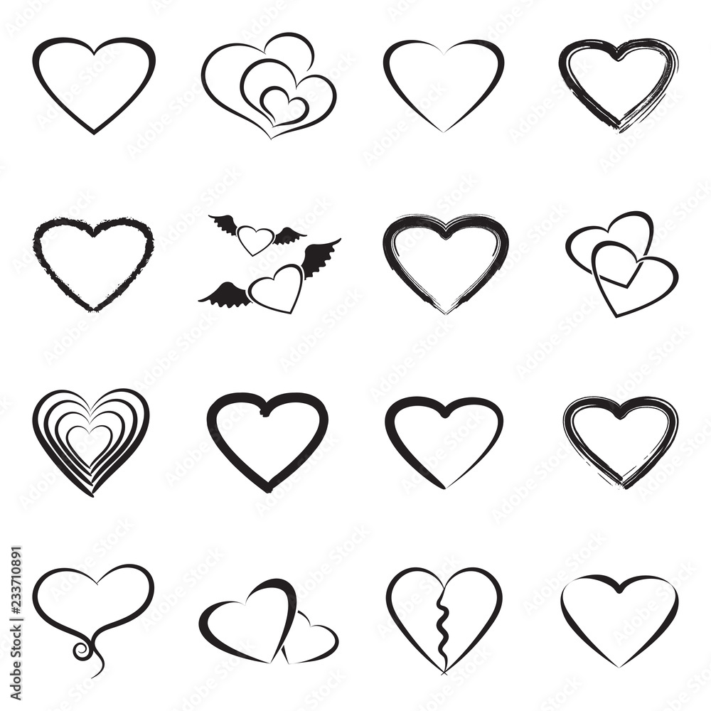 Hearts Icons. Black Flat Design. Vector Illustration. 