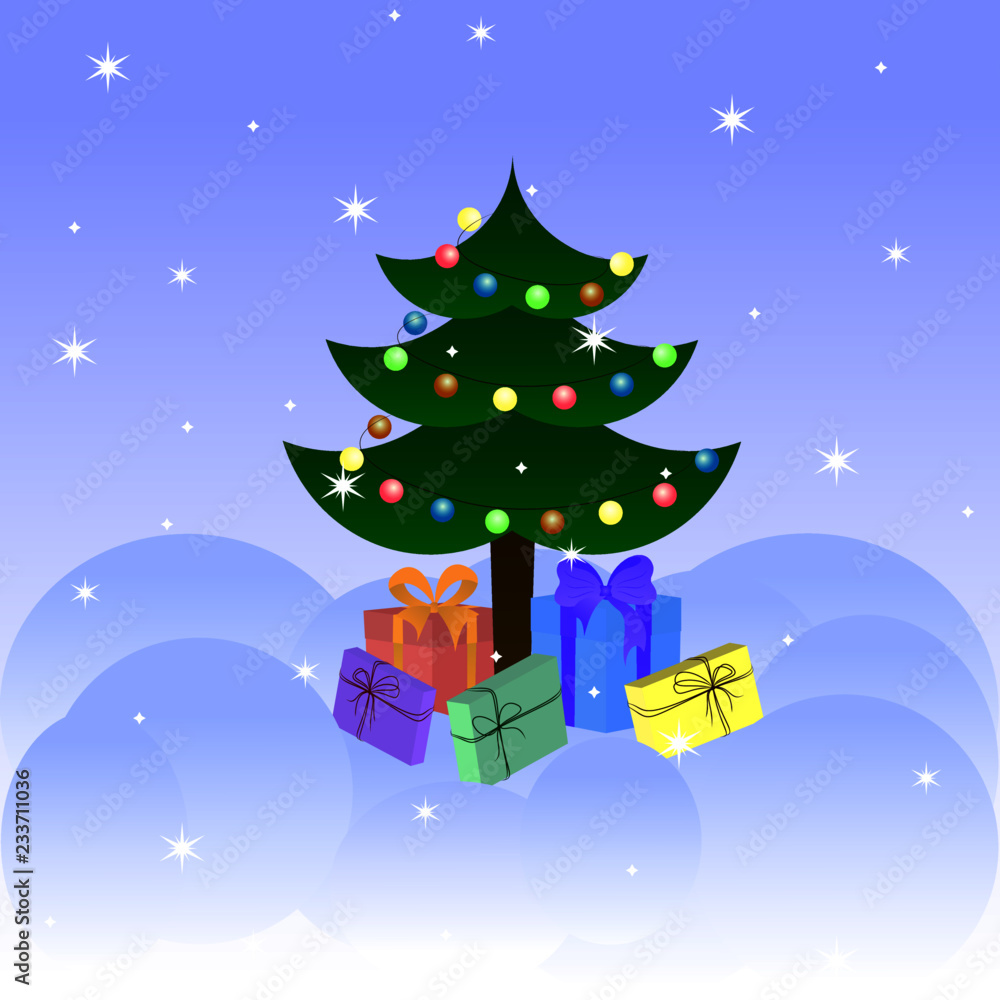 Christmas gifts under christmas tree on snowy background. Vector Christmas card Christmas gifts under christmas tree on snowy background. Vector Christmas card