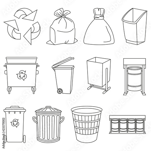 Line art black and white trash element collection