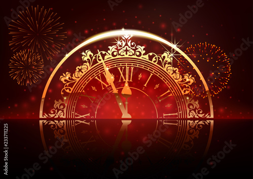New Year Background with Clock Face and Fireworks - Luxury Greeting Card, Vector Illustration
