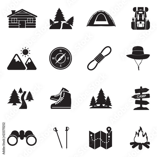 Hiking Icons. Black Flat Design. Vector Illustration.